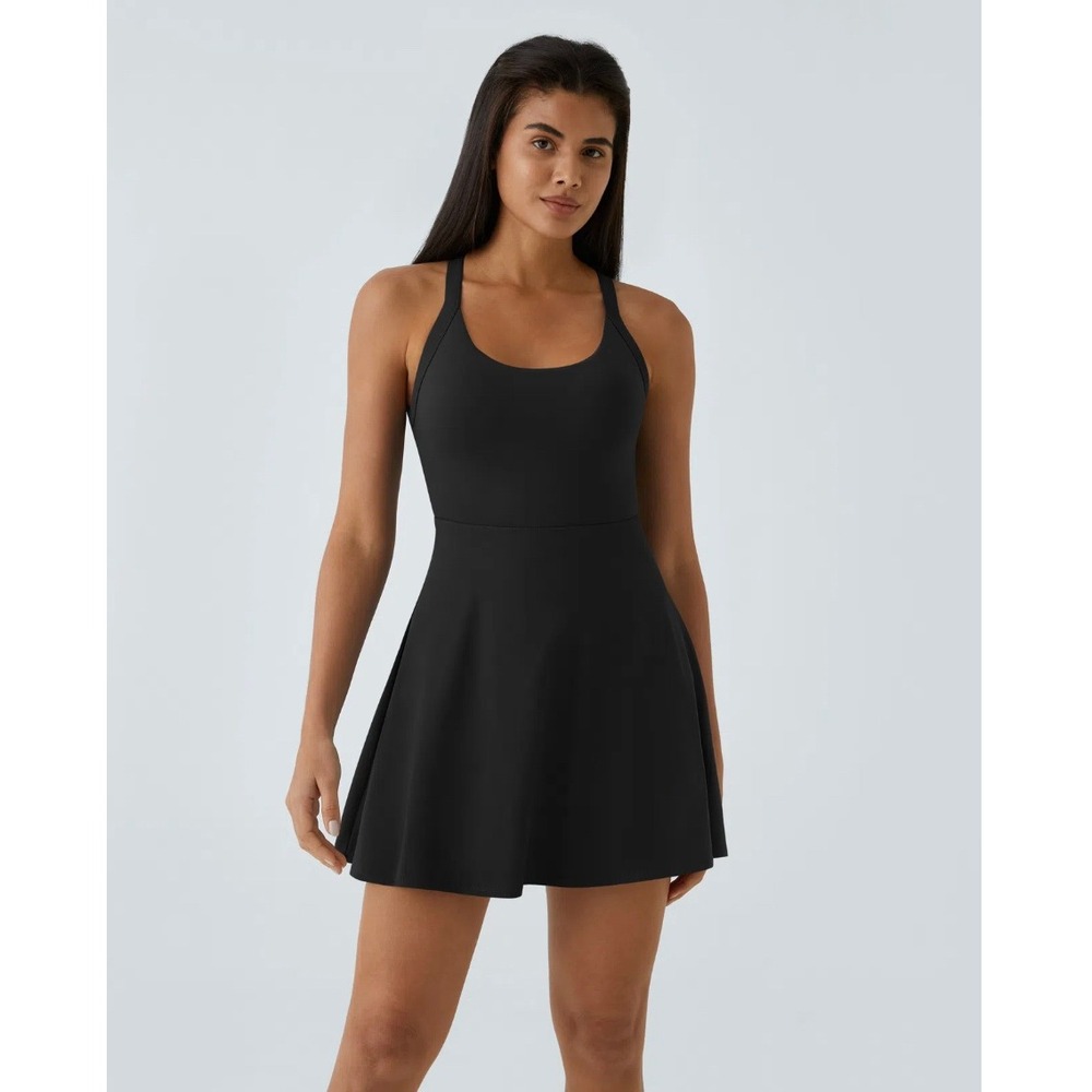 Halara Black Exercise Dress Medium Activewear Halter Open Back Built-in Shorts